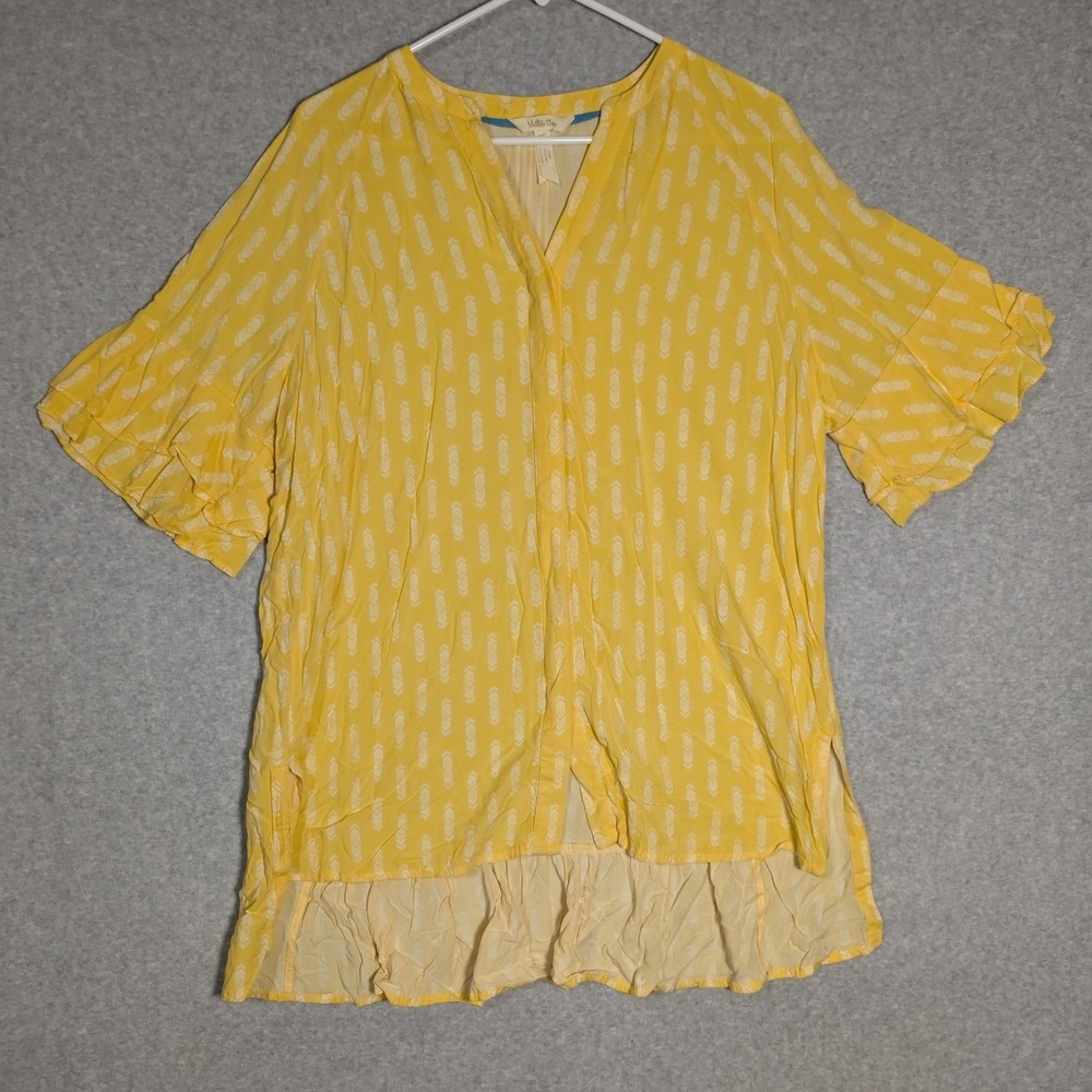 Matilda Jane Blouse Womens Medium Yellow Ruffle High Low Boho Geometric